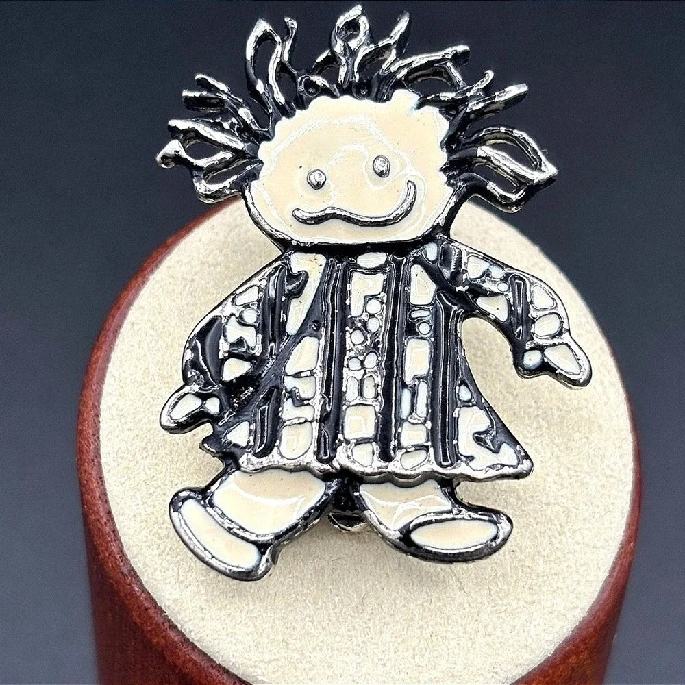 Vintage 1970s Black & White Enamel Wild Hair Art Girl Stripes Dress‎ Brooch Pin